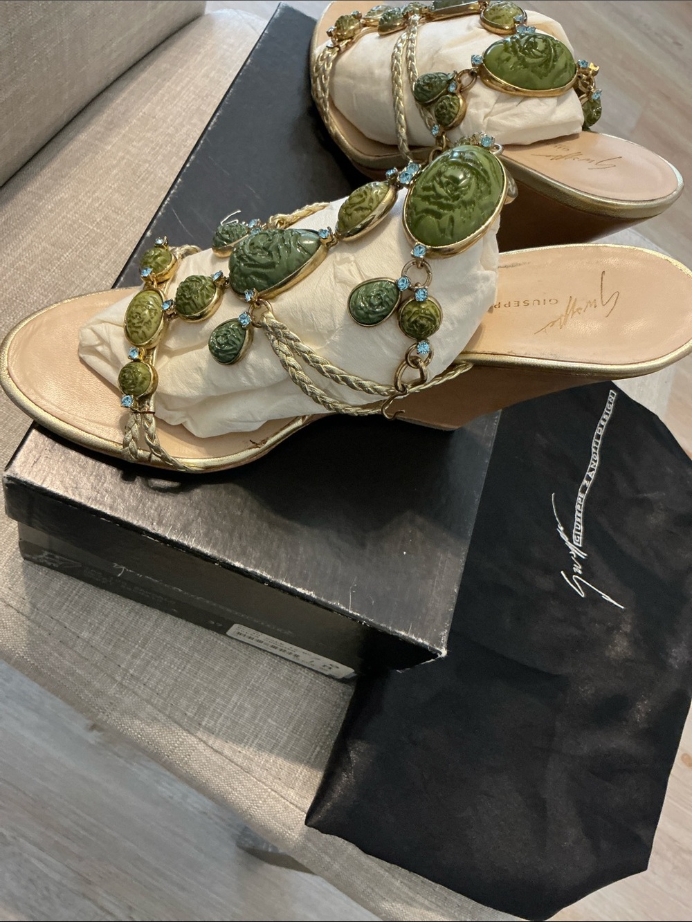 Giuseppe Zanotti Gold Wedge Mules with Olive Green Gem Accents - Picture 3 of 3
